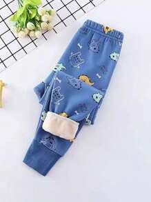 小男孩蓝色怪物卡通印花保暖内衬休闲运动裤，保暖加厚，秋冬 - 藍色 - 查看 1