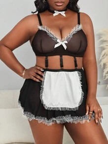 Talla grande 3 piezas Set disfraz de mucama de color combinado con lazo delantero de malla