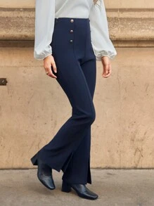 SHEIN Frenchy 紐扣細節下擺開叉喇叭褲 - 藏蓝色 - 查看 4