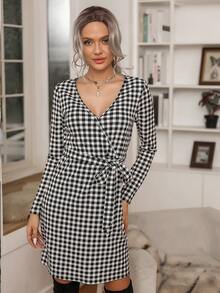 Fashionable Women's Black & White Checkered Belted Dress - Black and White - View 5