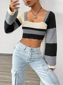 SHEIN Unity 撞色方领短款针织套头衫 秋冬毛衣 - 黑色 - 查看 3