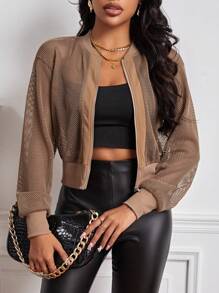 SHEIN Essnce Zip Up Mesh Bomber Jacket - Khaki - View 1
