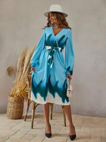 Breezaya Chevron Print Belted A-Line Wrap Detail Belted Dress
