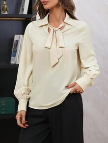 SHEIN Privé Áo sơ mi tay áo có cổ buộc dây - Màu be - Xem 3