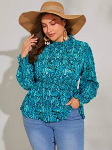 SHEIN VCAY Hơn In Toàn bộ tay áo lá sen Áo sơ mi Peplum - Nhiều màu - Xem 5