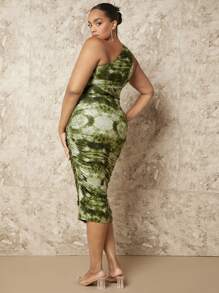 SHEIN BAE 大碼紮染單肩褶邊緊身洋裝 - 彩色 - 查看 2