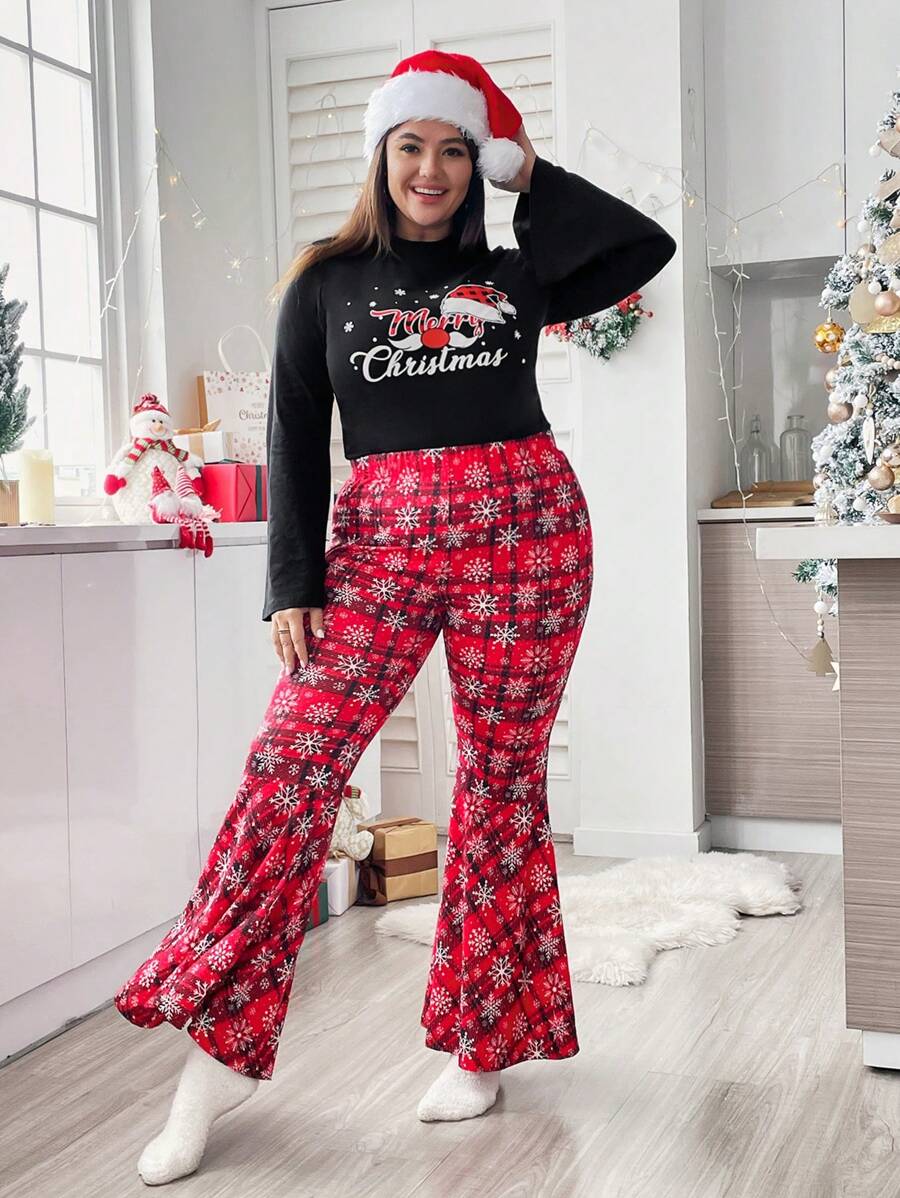 SHEIN Essnce Plus Christmas Print Flare Sleeve Tee & Pants - Multicolor - View 1