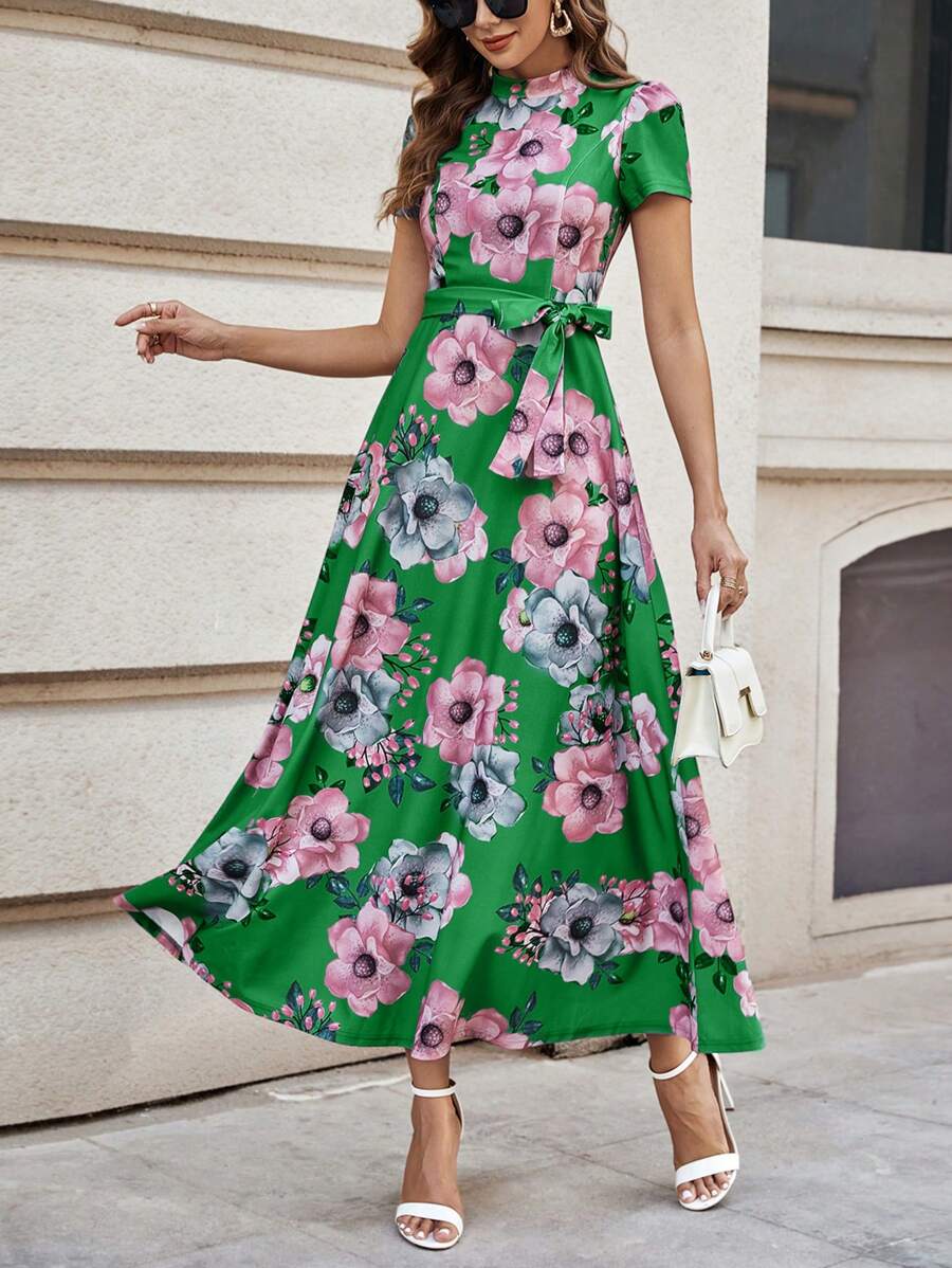 SHEIN Clasi Floral Print Belted Dress - Green - View 1