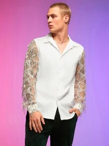 FeverCity Men Contrast Sequin Mesh Insert Button Up See Through Party Sexy Shirt, Boyfriend Gift - White - View 3