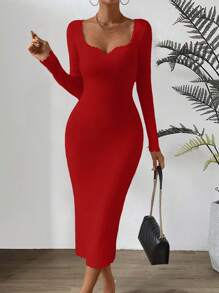 Chiquease Abito aderente in maglia collo a cuore con orlo smerlato - Rosso - Visualizzare 4