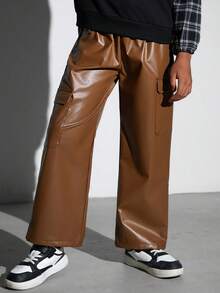 SHEIN Tween Boy Flap Pocket Side Drawstring Waist Cargo PU Leather Pants - Brown - View 5