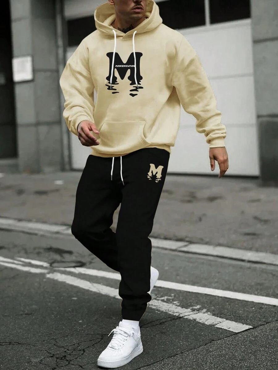 Manfinity Homme 男士字母圖案袋鼠口袋抽繩連帽衫和運動褲 - 卡其色 - 查看 1