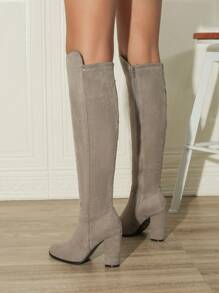 2024 秋冬新款圆头高跟侧拉链长靴，粗跟高筒弹力马靴女 - 灰色 - 查看 6