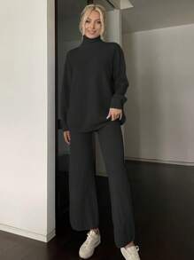 休閒開衩純色女士毛衣兩件套 - 黑色 - 查看 1
