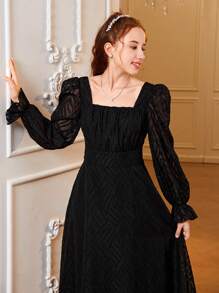 SHEIN Leap Crew Teen Girl Chiffon Solid Color Cutout Floral Ruffle Collar Puff Sleeve Elegant Dress - Black - View 3