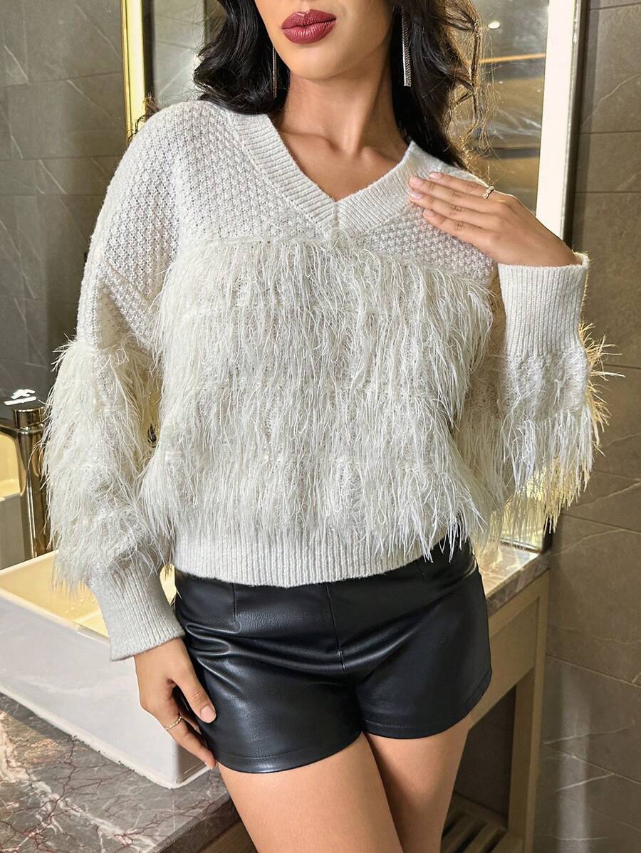 Zolique Fringe Trim Drop Shoulder Sweater Knit Pullover Fall Winter Outfit - White - View 1