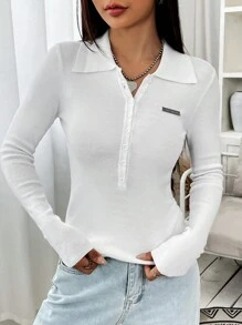 SHEIN EZwear Letter Patched Detail Ribbed Knit Half Button Front Sweater - White - View 3