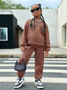 SHEIN Tween Girl Letter Graphic Drop Shoulder Hoodie & Sweatpants - Khaki - View 4