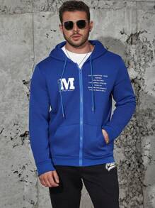 Manfinity Homme Men Plus 1pc Slogan Graphic Zip Up Drawstring Thermal Lined Hoodie - Blue - View 1