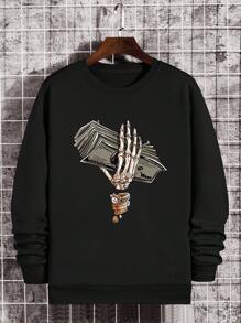 Men Skeleton Hand Print Thermal Lined Sweatshirt - Black - View 1