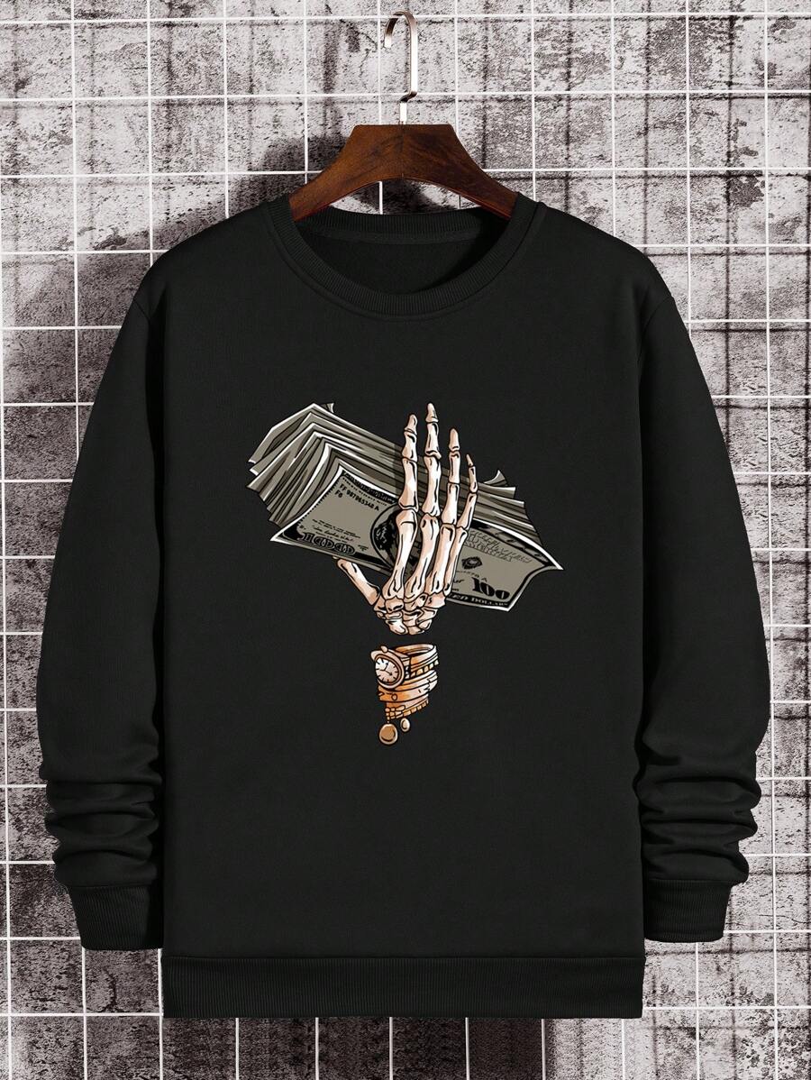 Men Skeleton Hand Print Thermal Lined Sweatshirt - Black - View 1
