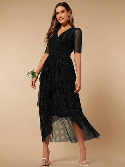 SHEIN Belle 不对称下摆闪光网眼覆盖连衣裙黑色优雅正式晚会舞会婚礼宾客礼服，适合毕业典礼、晚宴派对礼服