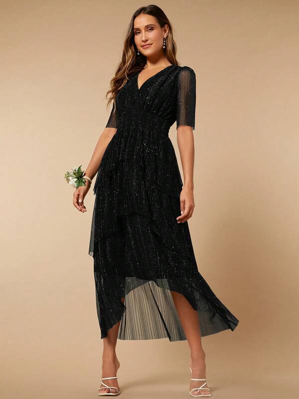 SHEIN Belle Asymmetrical Hem Glitter Mesh Overlay Dress Black Elegant Formal Evening Prom Wedding Guest Gown, For Graduation, Dinner Party Dress