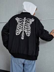 Manfinity Roghcode Men's Skeleton Print Drop Shoulder Oversized Outdoor Windbreaker Jacket - Black - View 5