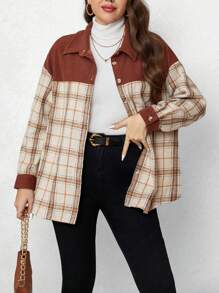 SHEIN LUNE Áo khoác trễ vai in họa tiết kẻ sọc Plus - Nhiều màu - Xem 1