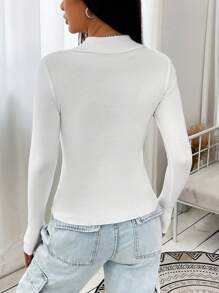 SHEIN EZwear Letter Patched Detail Ribbed Knit Half Button Front Sweater - White - View 2