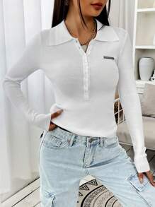 SHEIN EZwear Letter Patched Detail Ribbed Knit Half Button Front Sweater - White - View 6