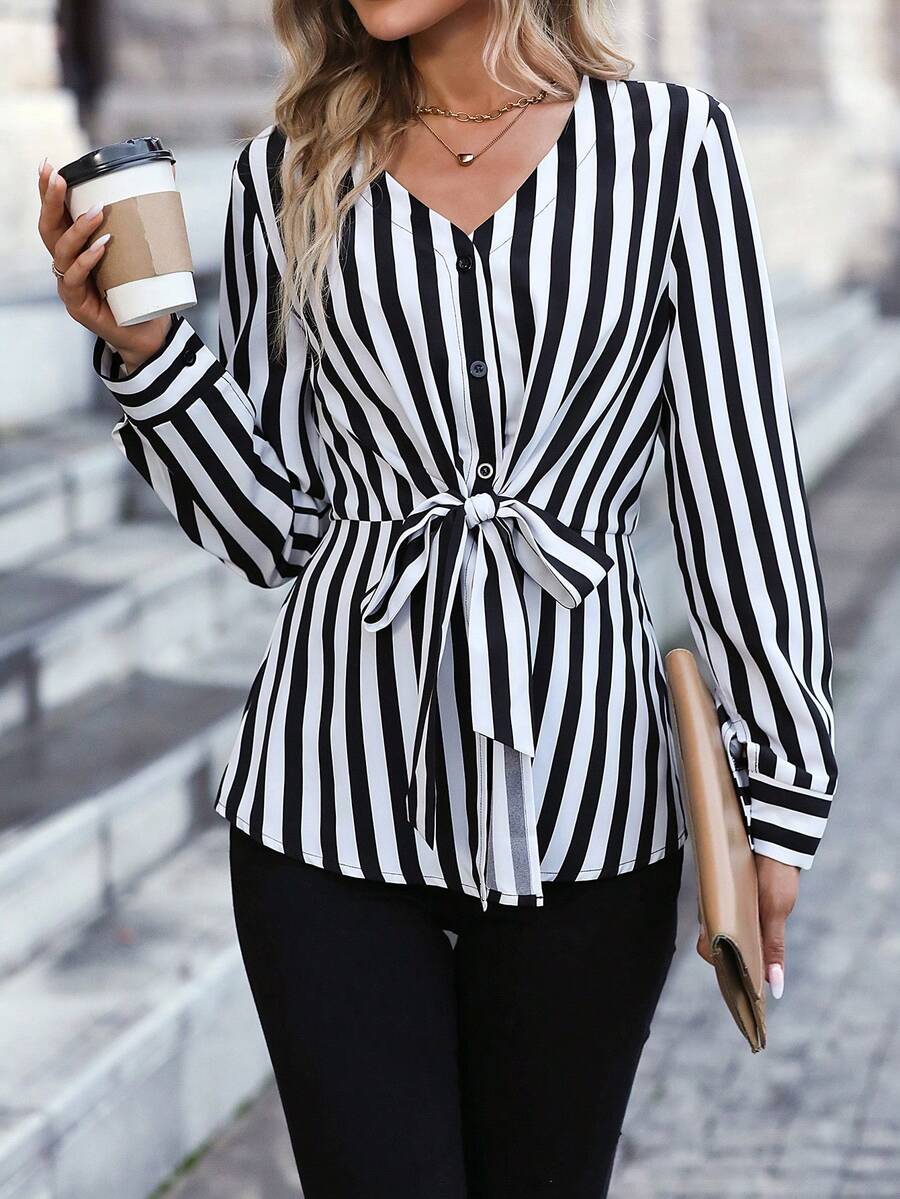 EMERY ROSE Striped Print Knot Front Belted Blouse - Black and White - View 1