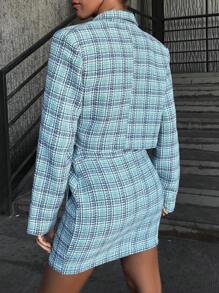 EURMUSE 格紋翻領外套和翻蓋細節裙子 - 藍色 - 查看 5