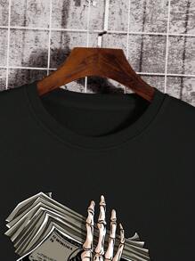 Men Skeleton Hand Print Thermal Lined Sweatshirt - Black - View 5