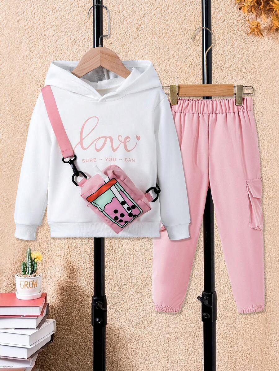 SHEIN 女小童字母圖案連帽衫&翻蓋口袋長褲&包