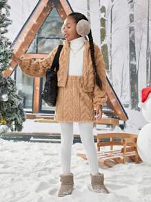 女大童素色連帽毛茸茸夾克&半身裙 - 卡其色 - 查看 3