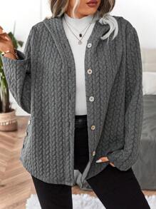 Calvaya Plus Cable Knit Hooded Coat - Dark Grey - View 1