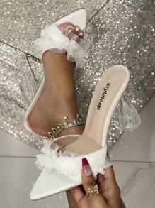 CUCCOO SZL 水晶装饰尖头高跟凉鞋圣诞节秋季新年假期 - 白色 - 查看 1