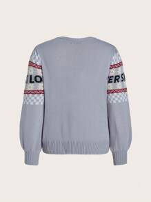 SHEINNeu Letter & Plaid Pattern Sweater - Grey - View 2