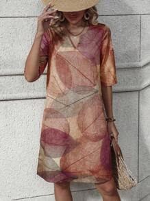 SHEIN LUNE Allover Print Notched Neckline Tunic Dress - Rust Brown - View 4