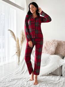 RueChic Plaid Print PJ Set - Red - View 4