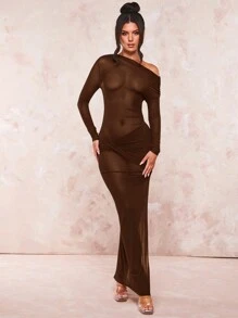 SHEIN BAE Asymmetrical Neck Bodycon Dress,Valentine's Day,Valentine Outfits For Women - Coffee Brown - View 1