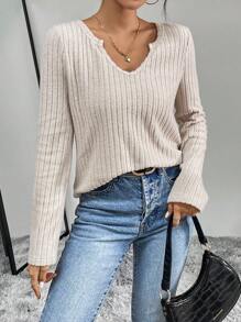 SHEIN Essnce Notched Neck Ribbed Knit Tee