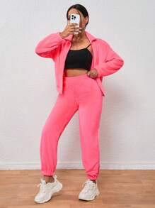 SHEIN Unity Thả vai Dây kéo Áo khoác & Quần - Màu Hồng Tươi - Xem 1