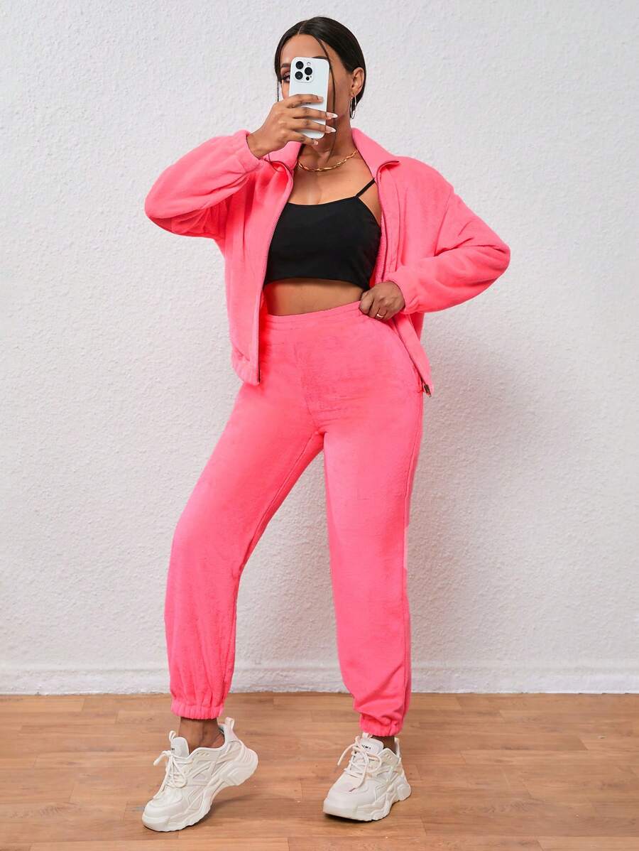 SHEIN Unity Thả vai Dây kéo Áo khoác & Quần - Màu Hồng Tươi - Xem 1