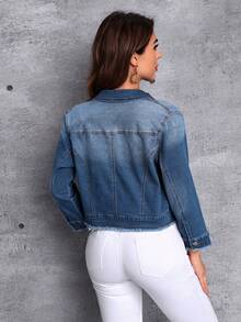 SHEIN LUNE Flap Pocket Raw Trim Denim Jacket - Blue - View 2