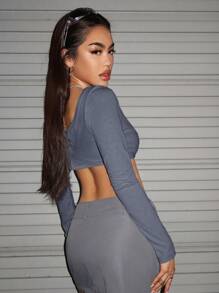 SHEIN ICON Solid V Neck Crop Ribbed Knit Top - Grey - View 2