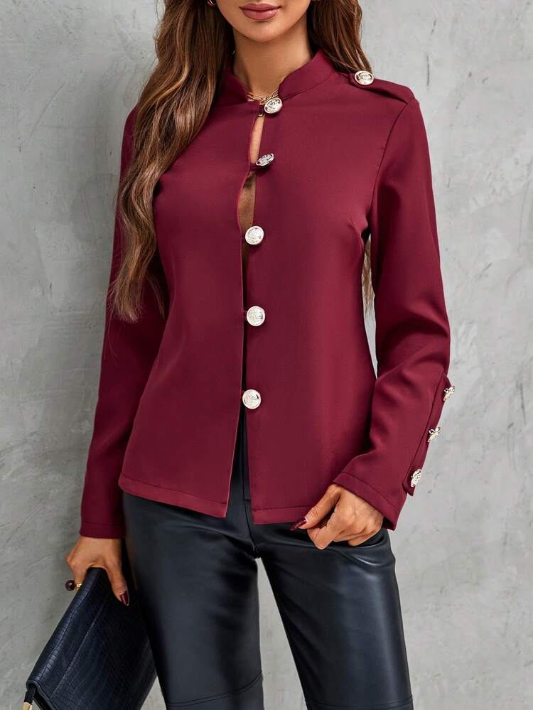 Solid Button Front Coat Fall Cloth For Women