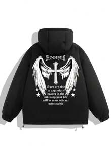 Men Letter Cross Graphic Flap Pocket Drawstring Hem Hooded Padded Coat - Black - View 2