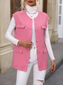 SHEIN LUNE Flap Detail Button Front Vest Overcoat - Pink - View 1